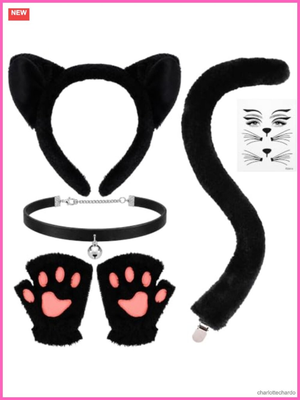 5 Pc Cat Costume Set Plush Ears Bell Choker Furry Gloves Tail Face Stickers